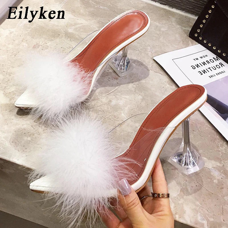 Women's Eilyken Summer Transparent Feather Fur Perspex Crystal High Heels