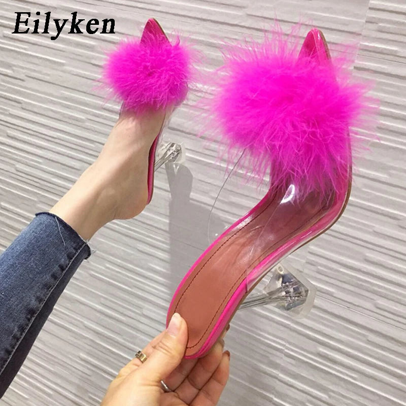 Women's Eilyken Summer Transparent Feather Fur Perspex Crystal High Heels