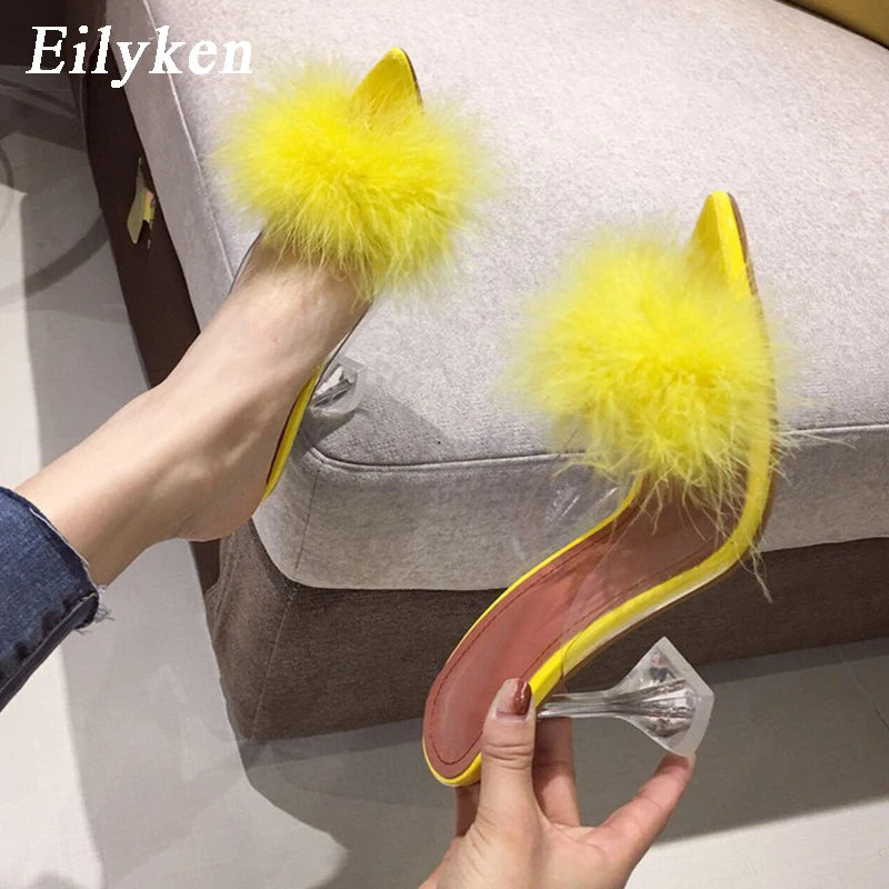 Women's Eilyken Summer Transparent Feather Fur Perspex Crystal High Heels