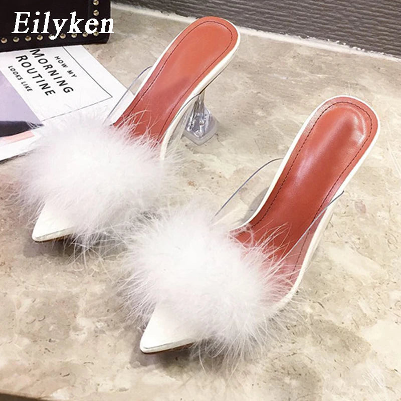 Women's Eilyken Summer Transparent Feather Fur Perspex Crystal High Heels