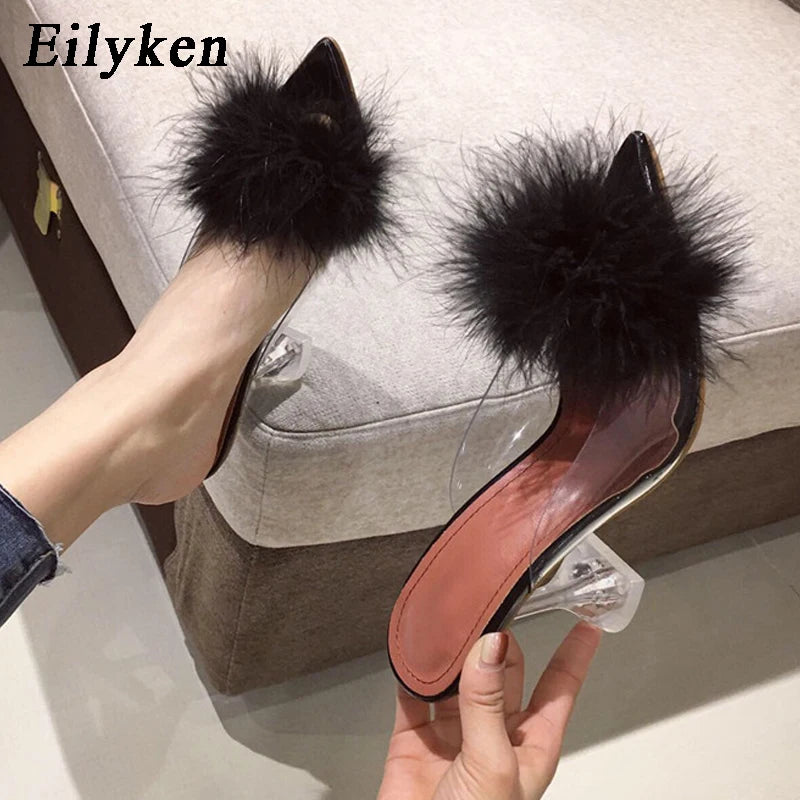 Women's Eilyken Summer Transparent Feather Fur Perspex Crystal High Heels