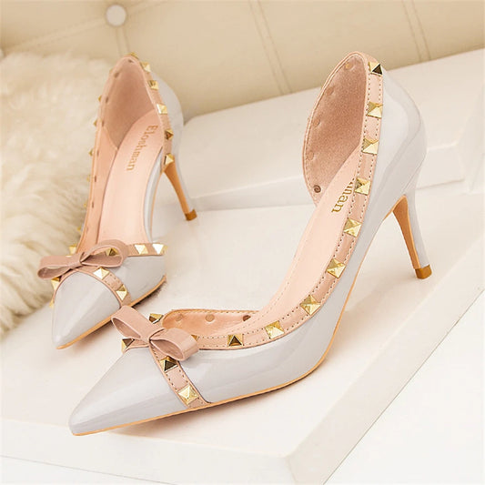 Women's Elegant Bowknot Rivets Shallow Pointed Toe High Heels