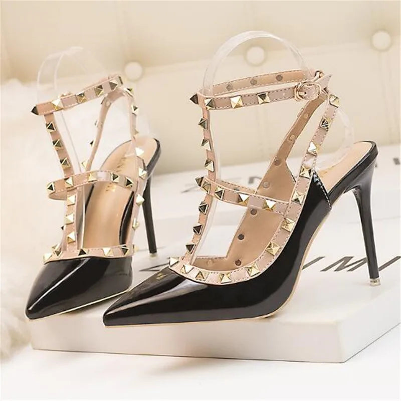 Women's Fashion Buckle Studded Stiletto Sandals Summer Heels