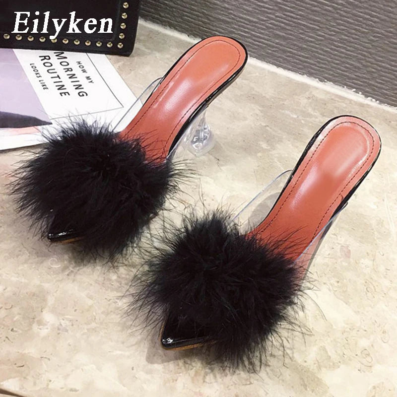 Women's Eilyken Summer Transparent Feather Fur Perspex Crystal High Heels