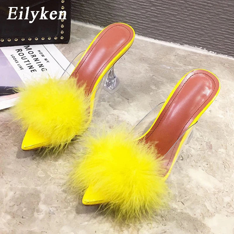 Women's Eilyken Summer Transparent Feather Fur Perspex Crystal High Heels