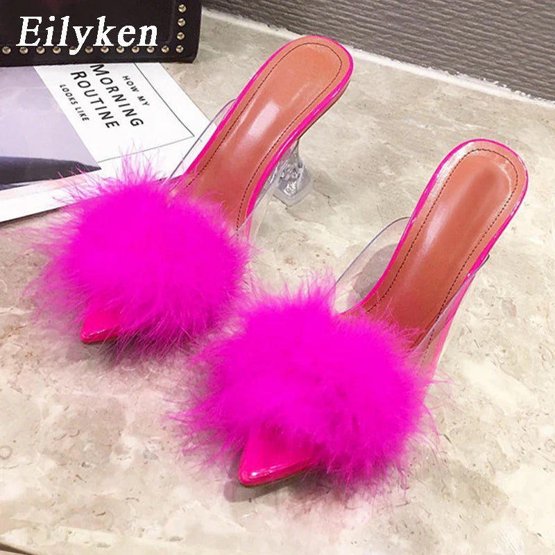 Women's Eilyken Summer Transparent Feather Fur Perspex Crystal High Heels