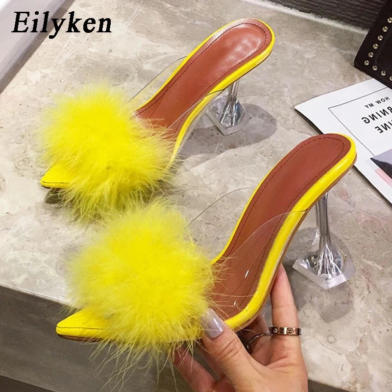 Women's Eilyken Summer Transparent Feather Fur Perspex Crystal High Heels