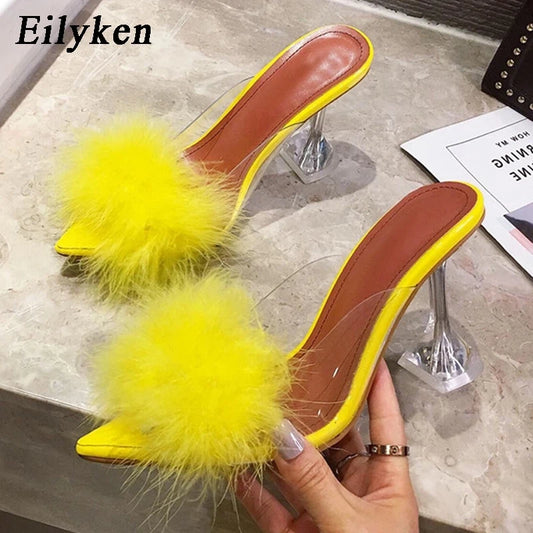 Women's Eilyken Summer Transparent Feather Fur Perspex Crystal High Heels